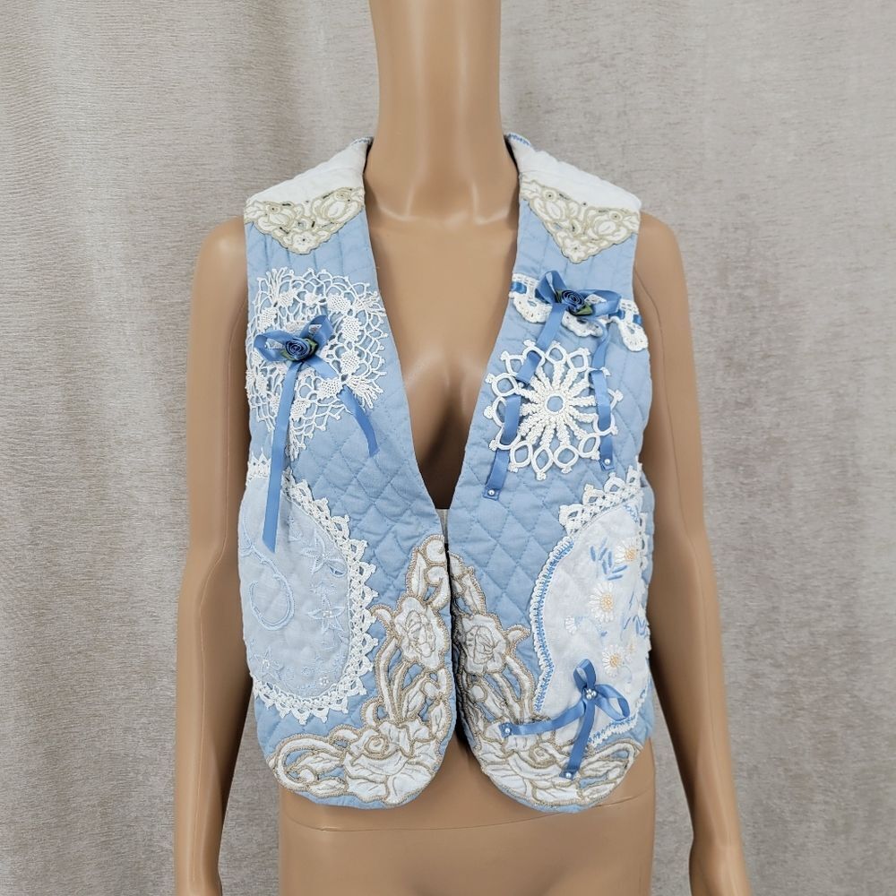 Vintage Blue Quilted Vest with Lace Embroidery Doilies Cottagecore Grandmacore